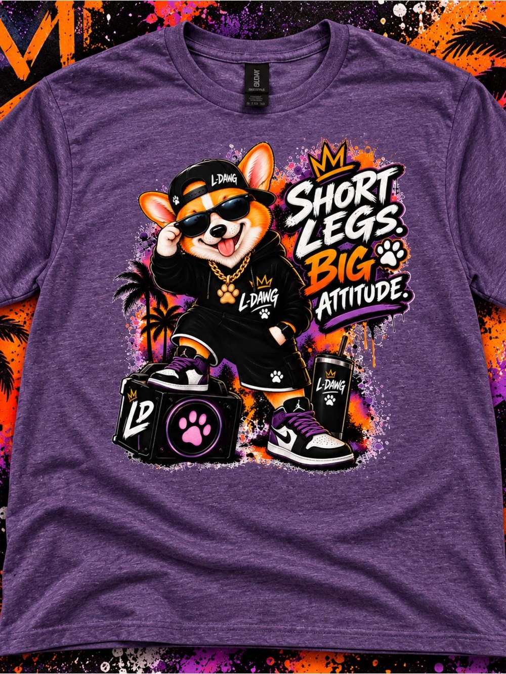 Purple "Short Legs, Big Attitude" Corgi  Tee. Adult Unisex